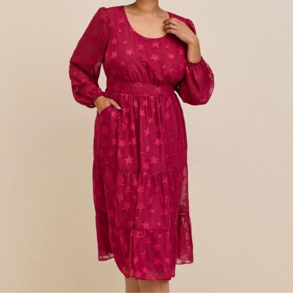 Burgundy Star Print Tiered Chiffon Midi Dress, Pockets, Plus Size 3X